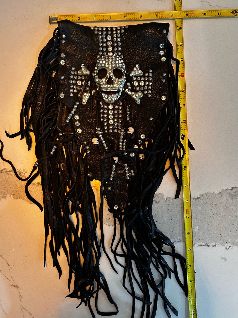 Black Fringe Crossbody Bag with Rhinestone Skull Accent - Picture 7 of 8